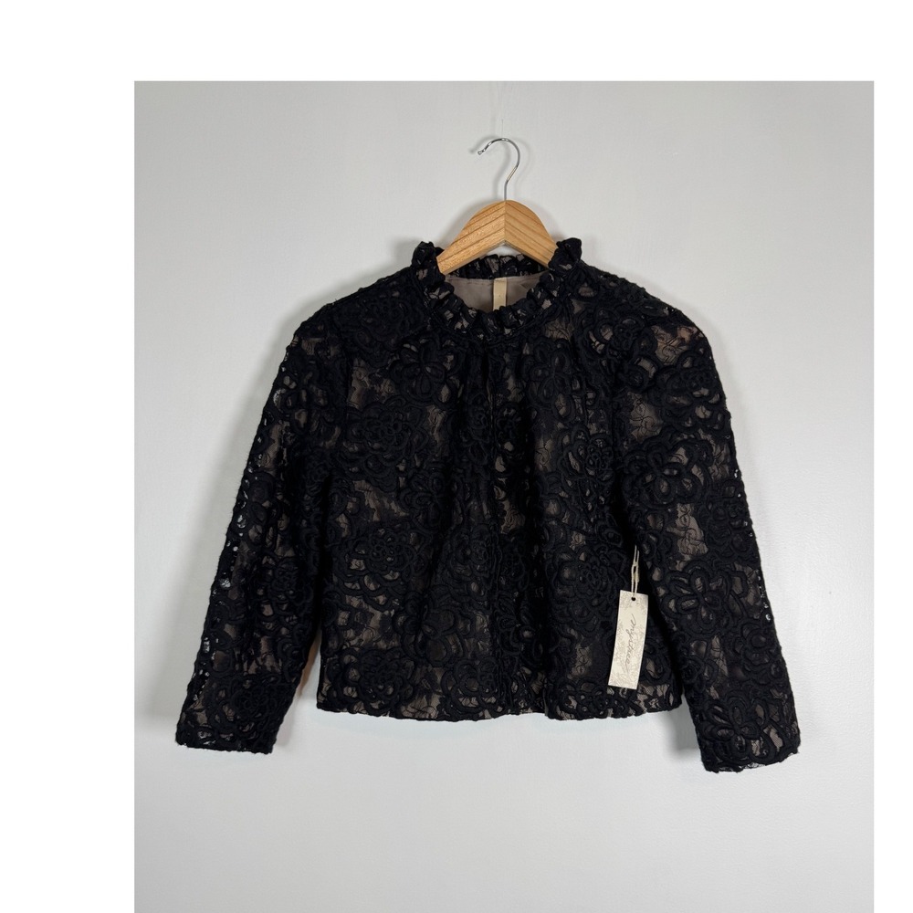 Romantic Mystree Womens Medium Lace Jacket Black Tan Ruffle Neck Cropped 8187